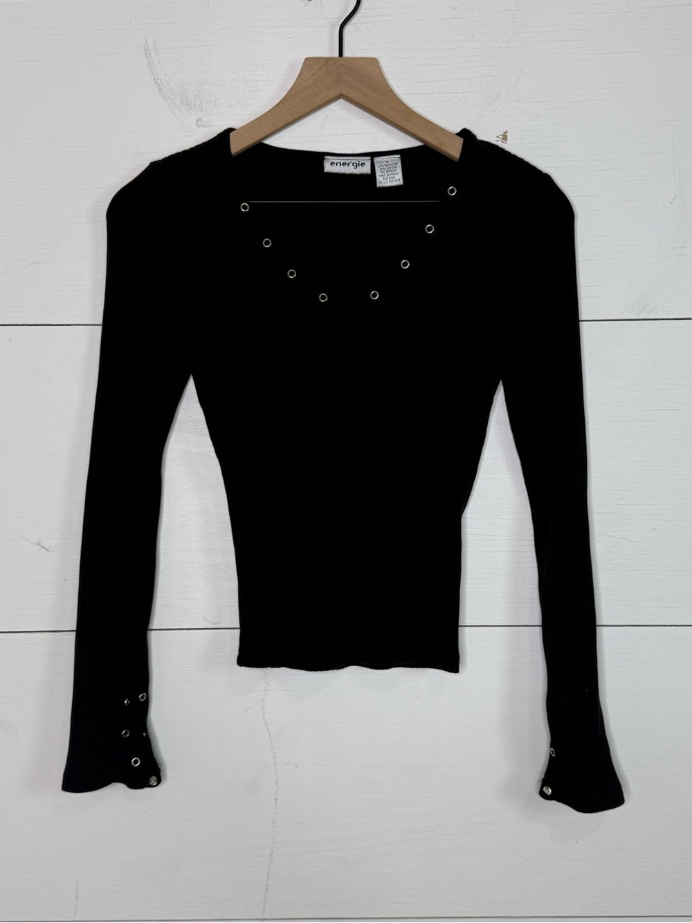 Energie • 90s Y2K Black Long-Sleeve Eyelet Detail Ribbed Top Size Medium